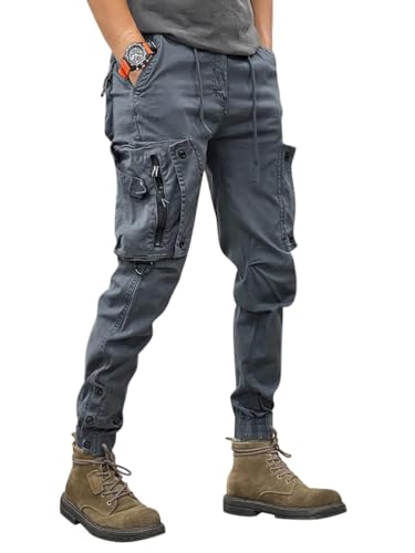 Onsoyours Herren Hose Chino Cargo Hose Jogginghose Herren Baumwolle Sporthose Casual Freizeithose Elastische Taille mit Kordelzug Joggers Activewear Hosen mit Taschen B Grau M von Onsoyours