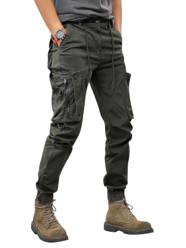 Onsoyours Herren Hose Chino Cargo Hose Jogginghose Herren Baumwolle Sporthose Casual Freizeithose Elastische Taille mit Kordelzug Joggers Activewear Hosen mit Taschen B Grün M von Onsoyours