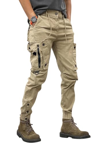 Onsoyours Herren Hose Chino Cargo Hose Jogginghose Herren Baumwolle Sporthose Casual Freizeithose Elastische Taille mit Kordelzug Joggers Activewear Hosen mit Taschen B Khaki M von Onsoyours