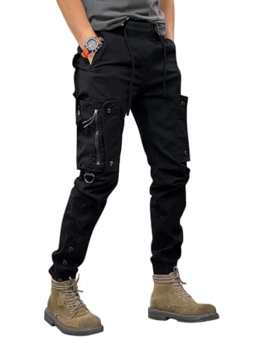 Onsoyours Herren Hose Chino Cargo Hose Jogginghose Herren Baumwolle Sporthose Casual Freizeithose Elastische Taille mit Kordelzug Joggers Activewear Hosen mit Taschen B Schwarz XL von Onsoyours