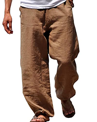 Onsoyours Herren Hose Leinenhose Stoffhose Loose Fit Strandhose Leinen Mit Kordelzug Straight Lange Hose Männer Mode Sommerhose A Braun XL von Onsoyours