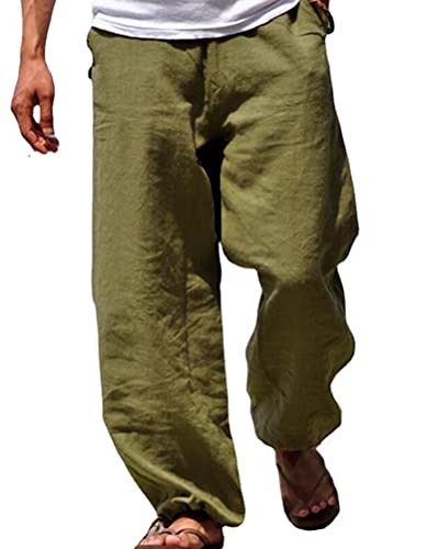 Onsoyours Herren Hose Leinenhose Stoffhose Loose Fit Strandhose Leinen Mit Kordelzug Straight Lange Hose Männer Mode Sommerhose A Grün 3XL von Onsoyours