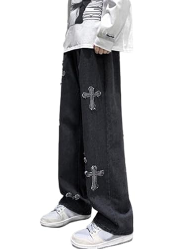 Onsoyours Herren Jeans Baggy Hip Hop Jeanshose Teenager Jungen Loose Fit Pants Classic Regular Hosen Herren Baggy Fit Jeans Jeanshose Streetwear K Schwarz L von Onsoyours