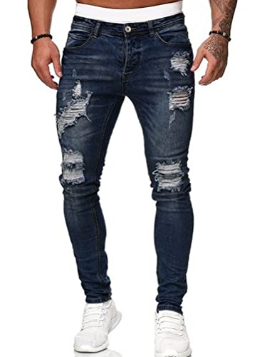 Onsoyours Herren Jeans Hose Slim Fit Denim Lange Destroyed Jeanshose für Männer Hip Hop Hose Coole Jungen Mode Stretch Freizeithose Schwarze Cargo Chino Hose Herbst A Dunkelblau M von Onsoyours