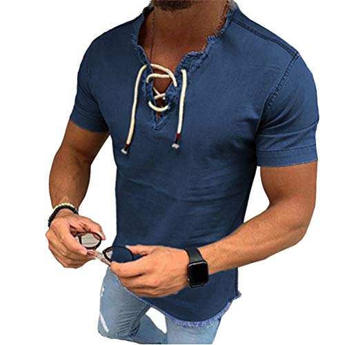 Onsoyours Herren Jeanshemd Kurzarm Freizeithemd Einfarbige V-Ausschnitte Schnürung Denim Shirt Casual Regular Fit Stretch Tops Leichte Mode Sommer Dünnes Hemden A Dunkelblau L von Onsoyours