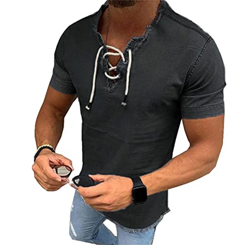 Onsoyours Herren Jeanshemd Kurzarm Freizeithemd Einfarbige V-Ausschnitte Schnürung Denim Shirt Casual Regular Fit Stretch Tops Leichte Mode Sommer Dünnes Hemden A Dunkelgrau 3XL von Onsoyours