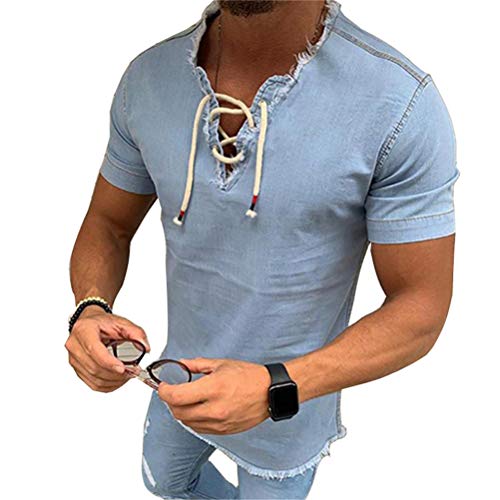 Onsoyours Herren Jeanshemd Kurzarm Freizeithemd Einfarbige V-Ausschnitte Schnürung Denim Shirt Casual Regular Fit Stretch Tops Leichte Mode Sommer Dünnes Hemden A Hellblau L von Onsoyours