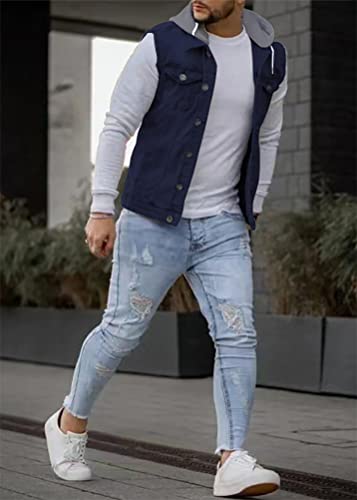 Onsoyours Herren Jeansjacke mit Kapuze Sweatjacke Denim Vintage Jeans-Jacke für Männer Denim Weste Slim-Fit Freizeit Hoodie Übergangsjacke A Marine L von Onsoyours