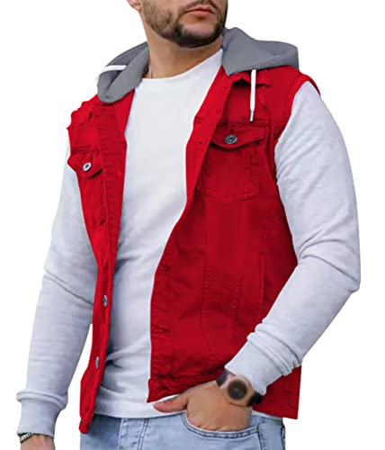 Onsoyours Herren Jeansjacke mit Kapuze Sweatjacke Denim Vintage Jeans-Jacke für Männer Denim Weste Slim-Fit Freizeit Hoodie Übergangsjacke A Rot XL von Onsoyours