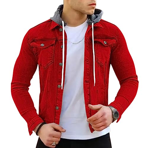 Onsoyours Herren Jeansjacke mit Kapuze Sweatjacke Denim Vintage Jeans-Jacke für Männer Denim Weste Slim-Fit Freizeit Hoodie Übergangsjacke B Rot L von Onsoyours