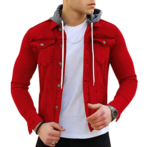 Onsoyours Herren Jeansjacke mit Kapuze Sweatjacke Denim Vintage Jeans-Jacke für Männer Denim Weste Slim-Fit Freizeit Hoodie Übergangsjacke B Rot XXL von Onsoyours