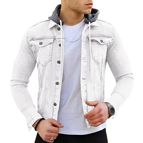 Onsoyours Herren Jeansjacke mit Kapuze Sweatjacke Denim Vintage Jeans-Jacke für Männer Denim Weste Slim-Fit Freizeit Hoodie Übergangsjacke B Weiß L von Onsoyours