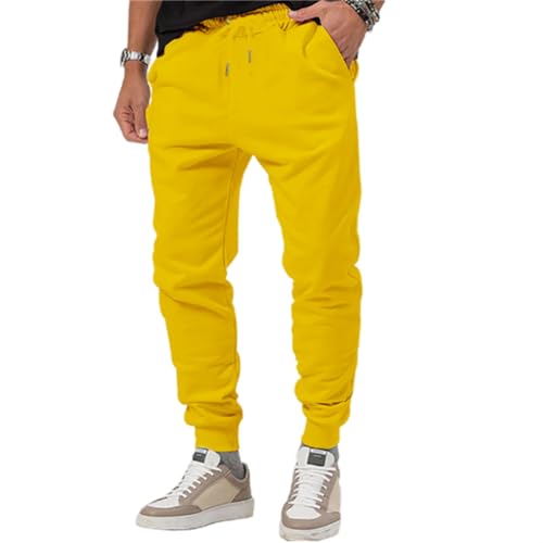 Onsoyours Herren Jogginghose Leichte Trainingshose Lange Sweathose Freizeit Sporthose mit Taschen und Kordelzug Chino Hosen Herren Baumwolle Freizeithose A Gelb L von Onsoyours