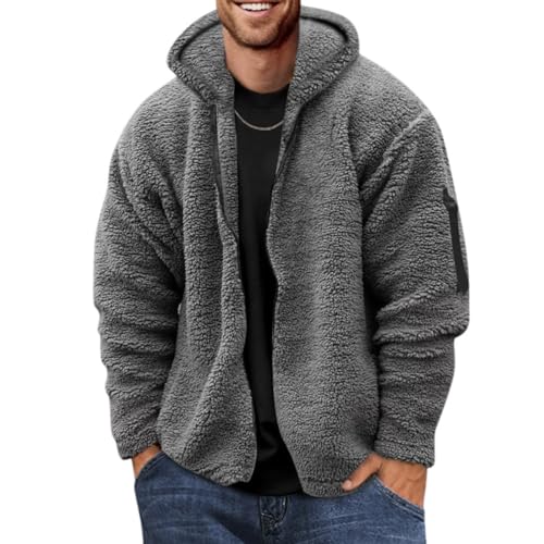 Onsoyours Herren Kapuzenpullover Plüsch Hoodie Sweatshirt Teddy-Fleece Pullover mit Reißverschluss Fleecejacke Casual Solid Langarm Outdoor Winter Sweatjacke A Grau M von Onsoyours