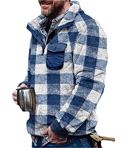 Onsoyours Herren Kunstfell Doppelseitige Wolle Jacke mit Taschen Warm Plüsch Mantel Sweatshirt Pullover Kapuzenpullover Plüschjacke Blaues Gitter XL von Onsoyours