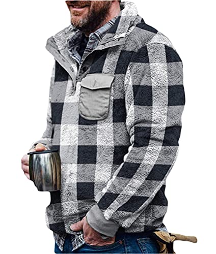 Onsoyours Herren Kunstfell Doppelseitige Wolle Jacke mit Taschen Warm Plüsch Mantel Sweatshirt Pullover Kapuzenpullover Plüschjacke Graues Großes Gitter 3XL von Onsoyours