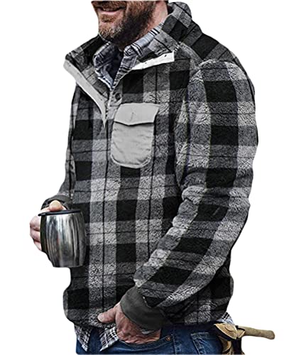 Onsoyours Herren Kunstfell Doppelseitige Wolle Jacke mit Taschen Warm Plüsch Mantel Sweatshirt Pullover Kapuzenpullover Plüschjacke Graues Kleines Gitter 3XL von Onsoyours