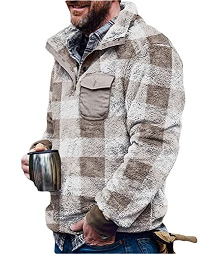 Onsoyours Herren Kunstfell Doppelseitige Wolle Jacke mit Taschen Warm Plüsch Mantel Sweatshirt Pullover Kapuzenpullover Plüschjacke Helles Kaffeegitter XXL von Onsoyours