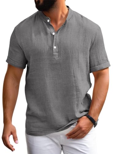Onsoyours Herren Kurzarm Hemd Sommer Henley Shirt Musselin Button Down Casual Strand Regular Fit Freizeithemd A Grau L von Onsoyours