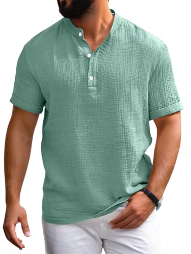 Onsoyours Herren Kurzarm Hemd Sommer Henley Shirt Musselin Button Down Casual Strand Regular Fit Freizeithemd A Grün L von Onsoyours