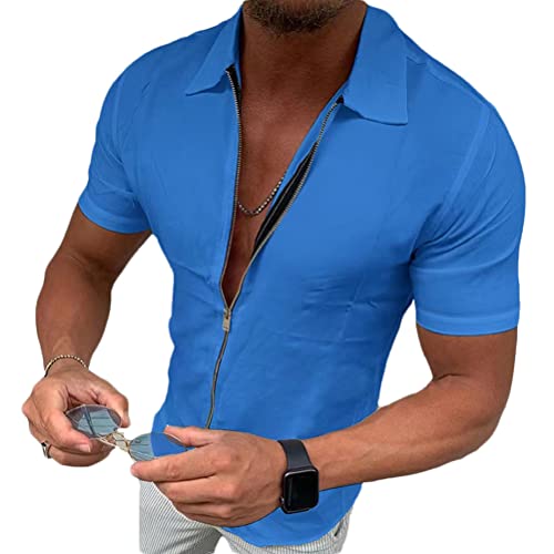 Onsoyours Herren Kurzarm Hemd Sommerhemd Freizeithemd mit Reißverschluss Regular Fit Men Shirts Leinenoptik Einfarbig Basic Shirt for Männer Blau L von Onsoyours