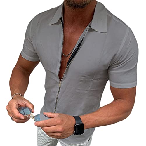 Onsoyours Herren Kurzarm Hemd Sommerhemd Freizeithemd mit Reißverschluss Regular Fit Men Shirts Leinenoptik Einfarbig Basic Shirt for Männer Grau L von Onsoyours