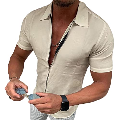 Onsoyours Herren Kurzarm Hemd Sommerhemd Freizeithemd mit Reißverschluss Regular Fit Men Shirts Leinenoptik Einfarbig Basic Shirt for Männer Khaki XL von Onsoyours