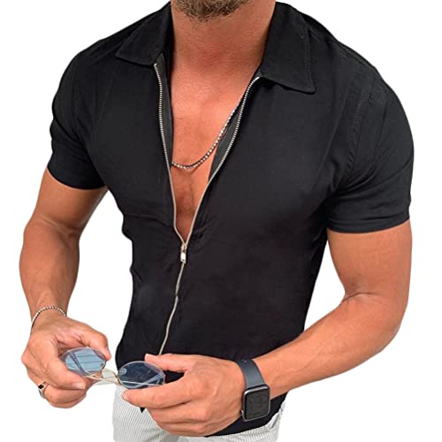 Onsoyours Herren Kurzarm Hemd Sommerhemd Freizeithemd mit Reißverschluss Regular Fit Men Shirts Leinenoptik Einfarbig Basic Shirt for Männer Schwarz L von Onsoyours