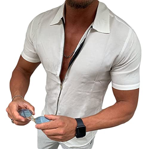 Onsoyours Herren Kurzarm Hemd Sommerhemd Freizeithemd mit Reißverschluss Regular Fit Men Shirts Leinenoptik Einfarbig Basic Shirt for Männer Weiß XL von Onsoyours