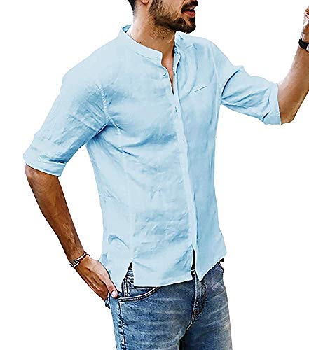 Onsoyours Herren Leinen Freizeithemd Sommer 3/4 Ärme Männer Sommer Hemd Casual Regular Fit Shirt (X-Large, C Hellblau) von Onsoyours