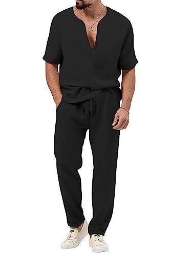 Onsoyours Herren Leinenanzug Sommer Outfits Zweiteiler Freizeitanzug Einfarbig 2-Teilig Kurzarm Hemd Und Shorts Beach Strand Shirt Hose Set Leinen Anzug Männer Freizeitanzug B Schwarz XL von Onsoyours