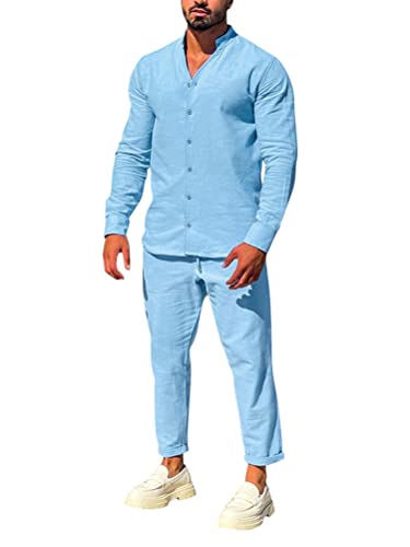 Onsoyours Herren Leinenanzug Zweiteiler Sommer Freizeitanzug Leinenhemd Und Leinenhose Männer Outfit Casual Comfortable Sets Suits Strand Herrenanzug Yoga Anzug A Blau L von Onsoyours