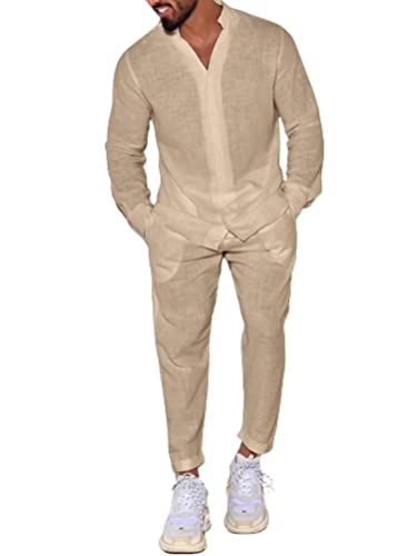 Onsoyours Herren Leinenanzug Zweiteiler Sommer Freizeitanzug Leinenhemd Und Leinenhose Männer Outfit Casual Comfortable Sets Suits Strand Herrenanzug Yoga Anzug B Beige S von Onsoyours