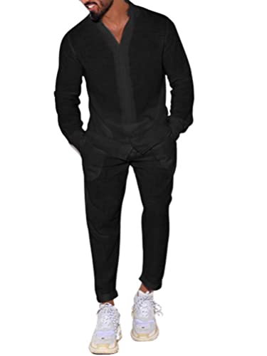 Onsoyours Herren Leinenanzug Zweiteiler Sommer Freizeitanzug Leinenhemd Und Leinenhose Männer Outfit Casual Comfortable Sets Suits Strand Herrenanzug Yoga Anzug B Schwarz XXL von Onsoyours