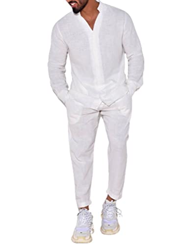 Onsoyours Herren Leinenanzug Zweiteiler Sommer Freizeitanzug Leinenhemd Und Leinenhose Männer Outfit Casual Comfortable Sets Suits Strand Herrenanzug Yoga Anzug B Weiß L von Onsoyours