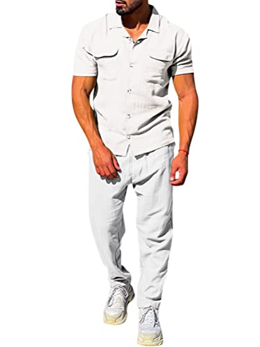 Onsoyours Herren Leinenanzug Zweiteiler Sommer Freizeitanzug Leinenhemd Und Leinenhose Männer Outfit Casual Comfortable Sets Suits Strand Herrenanzug Yoga Anzug C Weiß XXL von Onsoyours