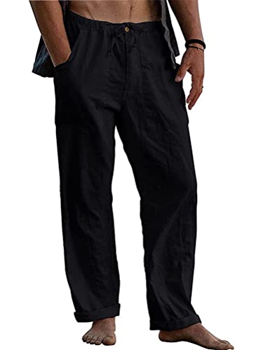 Onsoyours Herren Leinenhose Lang Leicht Sommerhose Arbeitshose Trainingshose Loose Fit Freizeithose für Urlaub Strand Alltag Casual Loungewear A Schwarz L von Onsoyours