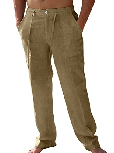 Onsoyours Herren Leinenhose Lang Strandhose Weit Leicht Loose Fit Freizeithose Taschen Tunnelzug Sommerhose Männer Baumwollhose Bequeme Yoga Urlaub Hose A Khaki 3XL von Onsoyours