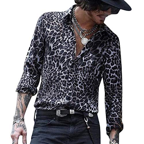 Onsoyours Herren Leopard Print Gedruckt Hemd Casual Langarm Slim Shirts Regular Fit Hemd Tops I Schwarz X-Large von Onsoyours