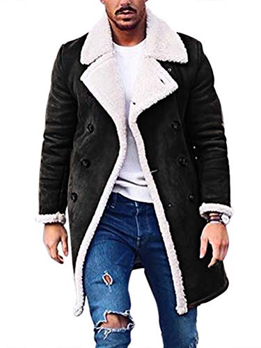 Onsoyours Herren Mantel Winter Warme Wollmantel Lang Slim Fit Winterjacke Kunstleder Warm Gefütterter Vintage Jacke mit Revers Schwarz 3X-Large von Onsoyours