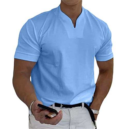 Onsoyours Herren Muskelshirt Kurzarm Casual V-Ausschnitt Shirt Top Basic Männer Freizeit Sommer Slim Fit Shirt Training Gym Einfarbiges Bodybuilding Shirt Basic Blau 3XL von Onsoyours