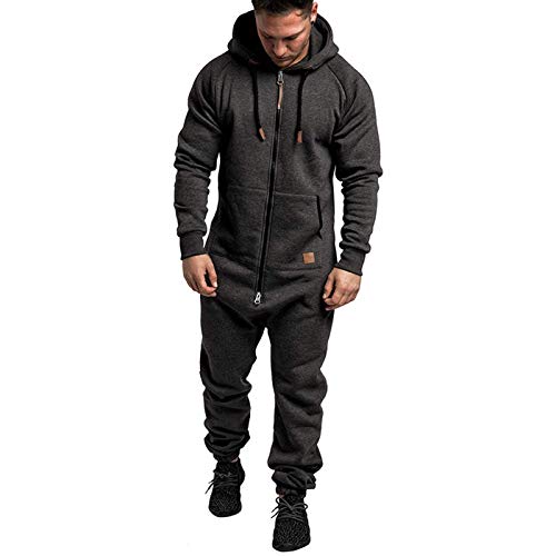 Onsoyours Herren One Piece Pyjamas Mit Kapuze Tasche Kordelzug Reißverschluss Jumpsuit Onesie Strampler Langer Spielanzug Einteiliger Pyjama Overall Herbst Winter A Dunkelgrau XL von Onsoyours