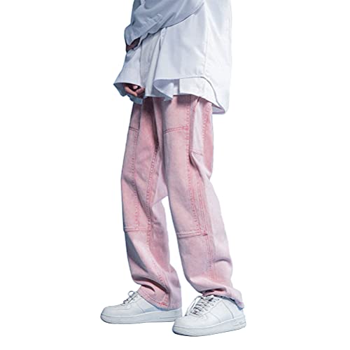 Onsoyours Herren Patchwork Jeans Baggy Hip Hop Jeanshose Casual Straight Leg Denim Hosen Vintage Farbblock Weitem Bein Pants Streetwear G Rosa L von Onsoyours