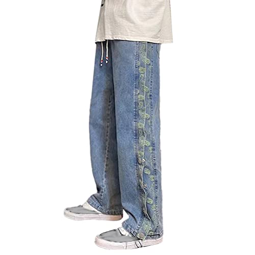 Onsoyours Herren Patchwork Jeans Baggy Hip Hop Jeanshose Casual Straight Leg Denim Hosen Vintage Farbblock Weitem Bein Pants Streetwear K Blau L von Onsoyours
