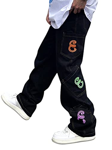 Onsoyours Herren Patchwork Jeans Baggy Hip Hop Jeanshose Casual Straight Leg Denim Hosen Vintage Farbblock Weitem Bein Pants Streetwear O Schwarz 3XL von Onsoyours