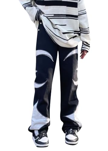 Onsoyours Herren Patchwork Jeans Hohe Taille Stretch Block Farbe Gerade Bleistift Hosen Freizeitjeans Jeanshose Schlank Hose Lässig Denim Pants F01 Schwarz XXL von Onsoyours