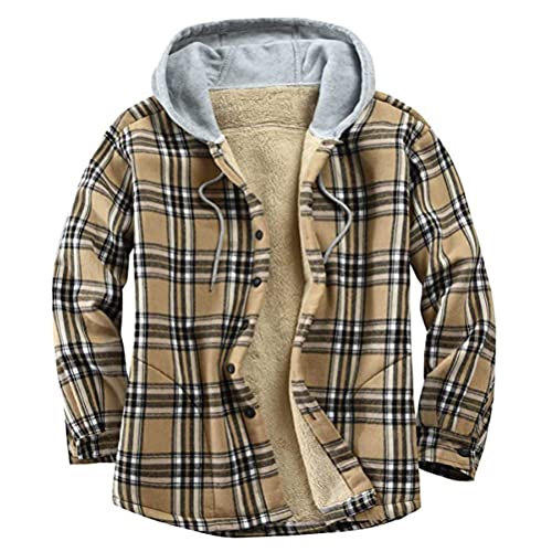 Onsoyours Herren Plaid Jacke Stehkragen Knopf Pullover Flanell Casual Plaid Stitched Jacket Loose Plaid Hoodie Sweatshirt Mantel Warme Outwear B Khaki M von Onsoyours