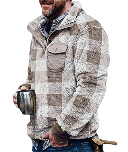 Onsoyours Herren Pullover Warm Kunstfell Doppelseitige Wolle Jacke mit Taschen Plüsch Mantel Sweatshirt Plüschjacke Kapuzenpullover Helles Kaffeegitter XL von Onsoyours
