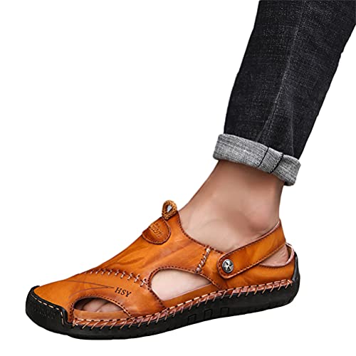 Onsoyours Herren Rindleder Geschlossene Sandalen Männer Wandersandalen Strandschuhe Ledersandalen Sommer Slipper Loafer Gelb Braun 46 EU von Onsoyours