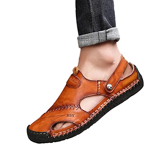 Onsoyours Herren Rindleder Geschlossene Sandalen Männer Wandersandalen Strandschuhe Ledersandalen Sommer Slipper Loafer Rotbraun 41 EU von Onsoyours